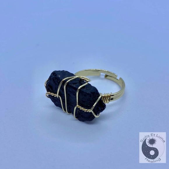 18K Gold Plated Obsidian Adjustable Ring - Picture 1 of 4